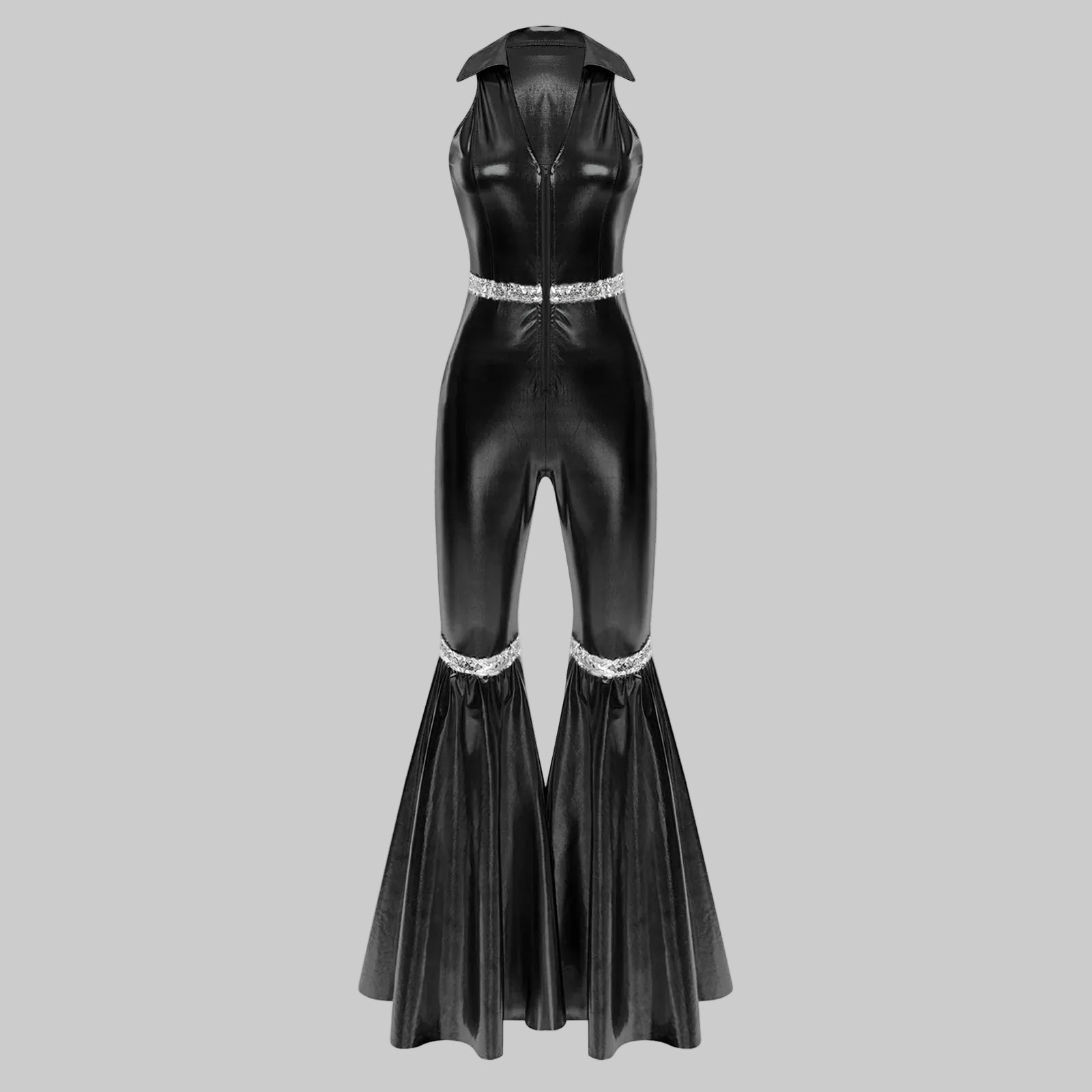 70s Disco Sequin Jumpsuit - Retro Bell Bottom Performance Romper