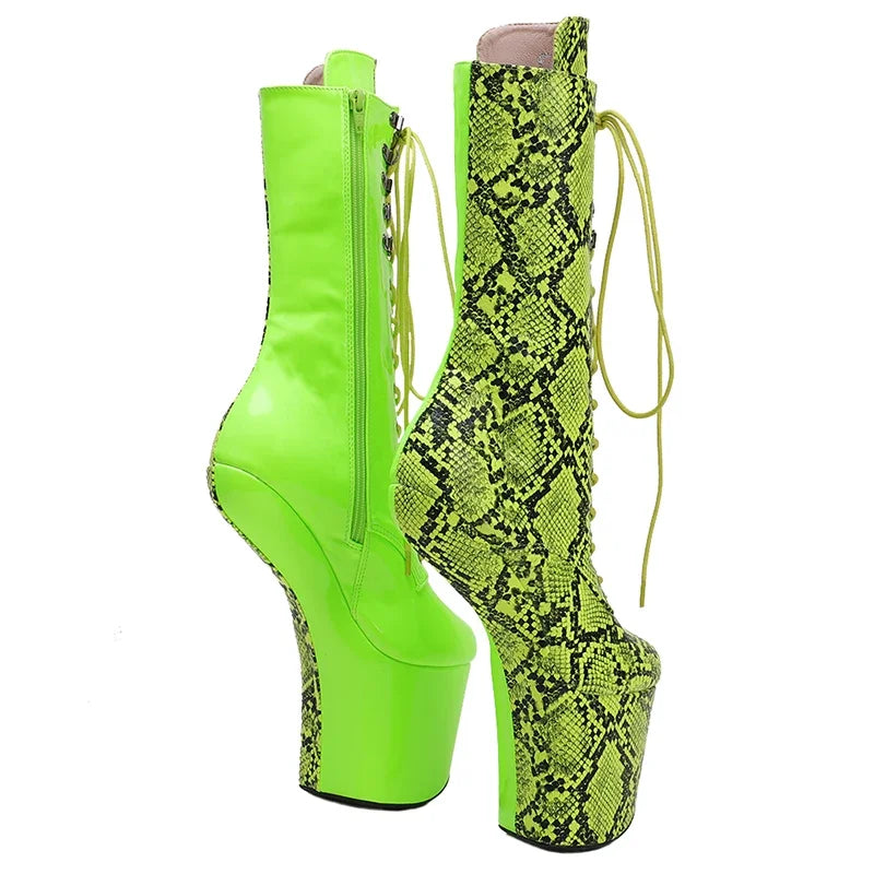 Green Snake Print Heelless Platform Boots - Exotic Pole Dance Shoes