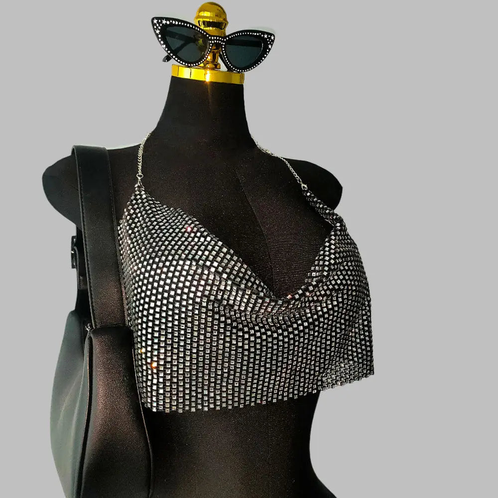 Rhinestone Metal Chain Halter Crop Top - Deep V-Neck Backless Tank for Stage & Festival