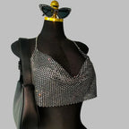 Rhinestone Metal Chain Halter Crop Top - Deep V-Neck Backless Tank for Stage & Festival
