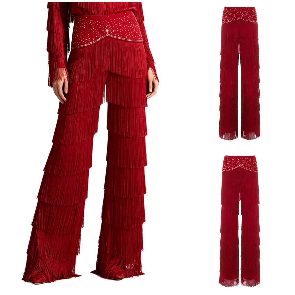 Fringe Tassel Latin Dance Pants | Rhinestone Waist | Straight Leg