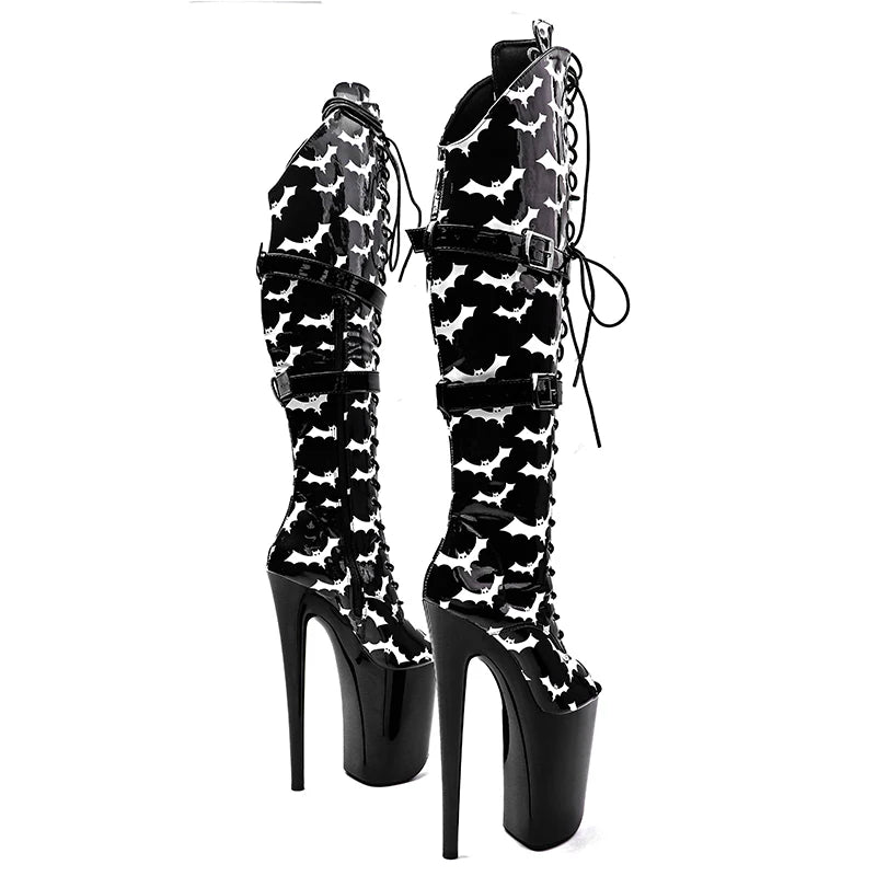 Bat Pattern Thigh-High Platform Boots - 9 Inch Gothic Pole Dance Boots