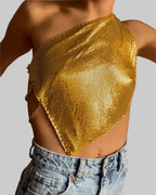 Sequin One-Shoulder Crop Top - Backless Chain Performance Cami