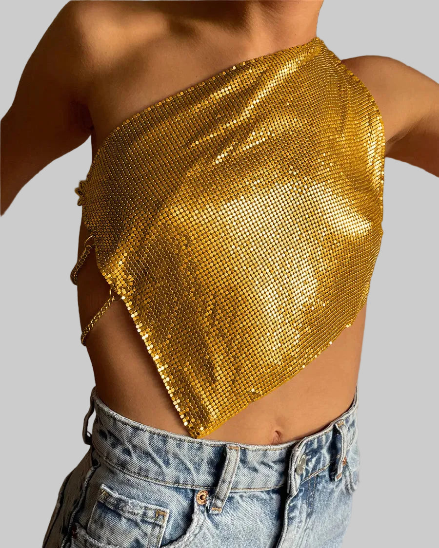 Sequin One-Shoulder Crop Top - Backless Chain Performance Cami