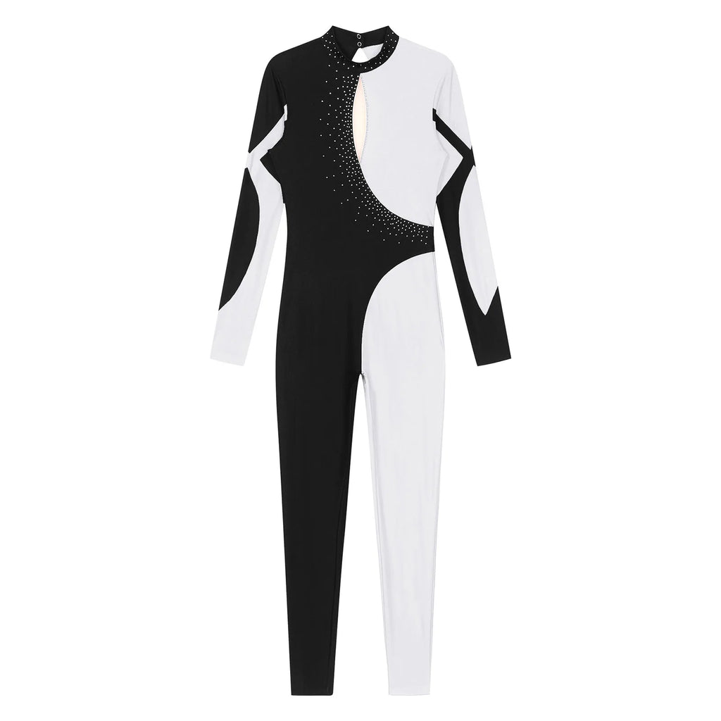 Women's Colorblock Rhinestone Unitard | Mock Neck | Open Back | 5 Colors | S–XXL