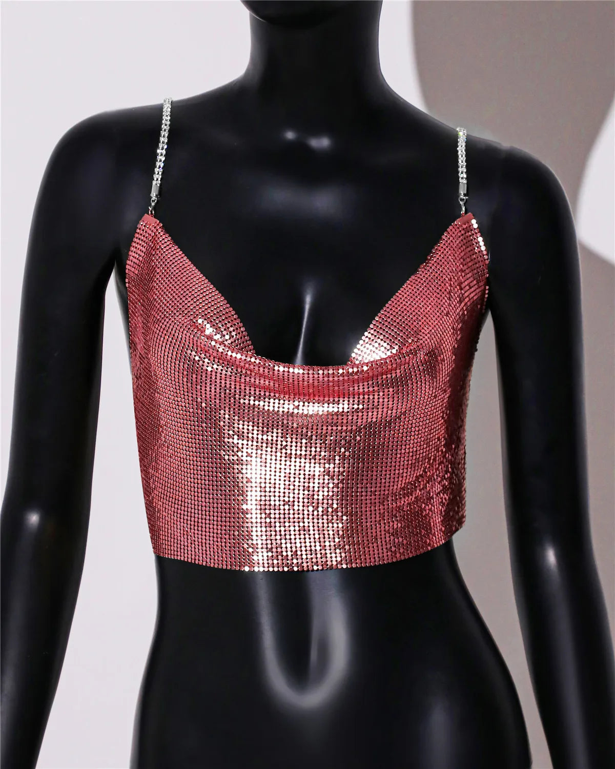 Metal Sequin Rhinestone Chain Crop Top - Deep V Backless Tank