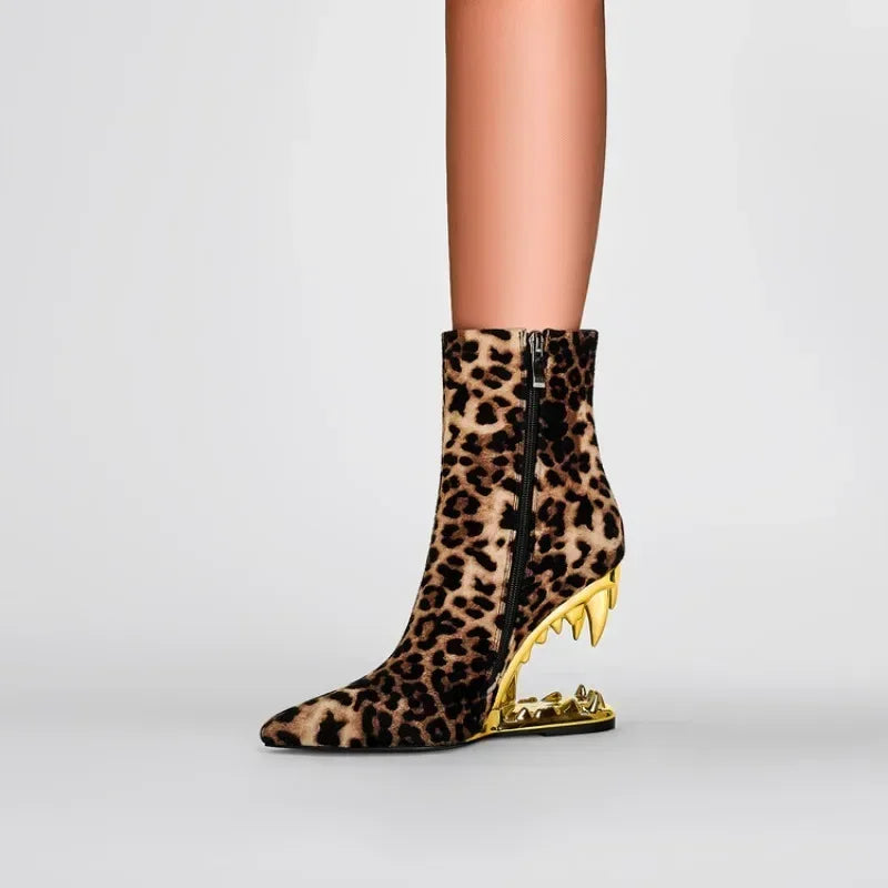 Flame Rhinestone Velvet Ankle Boots - Crystal Wedge Heel Boots