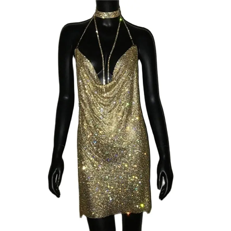 Rhinestone Mini Dress - Sheer Sequin Bodycon Dress with Asymmetric Neckline