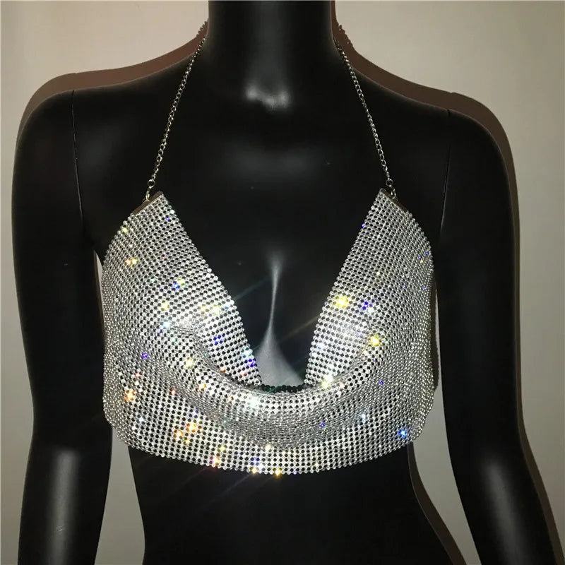 Shiny Rhinestone Deep V-Neck Crop Top - Backless Party Camisole