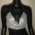 Shiny Rhinestone Deep V-Neck Crop Top - Backless Party Camisole