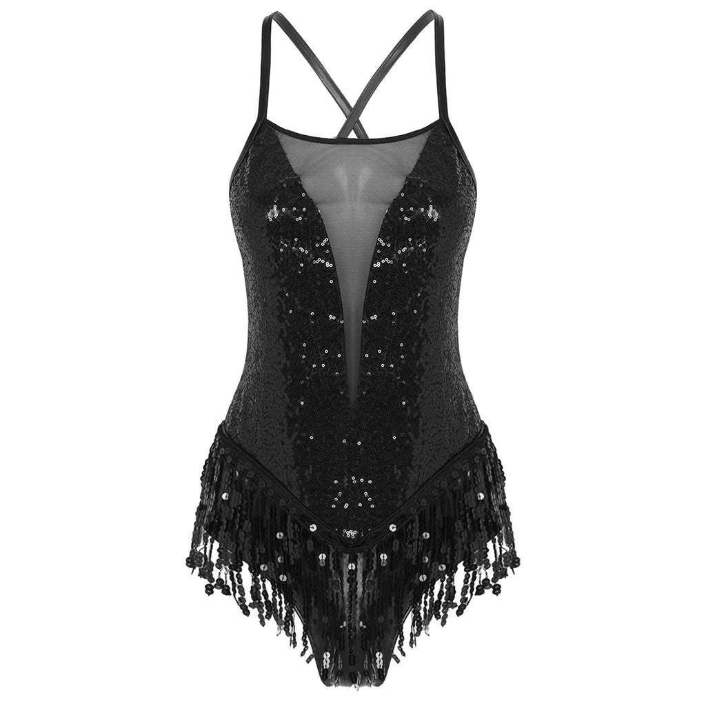 Sequin Tassel Leotard | Cross Back | Latin Dance