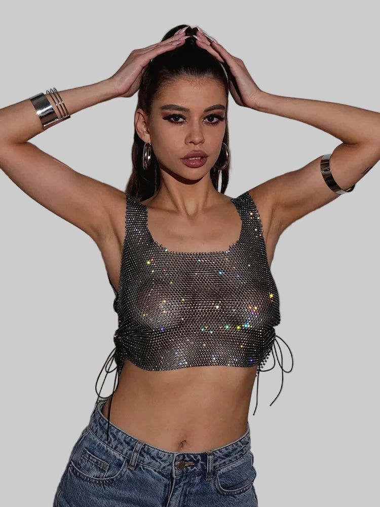 Rhinestone Mesh Fishnet Crop Top - Side Bandage Tank