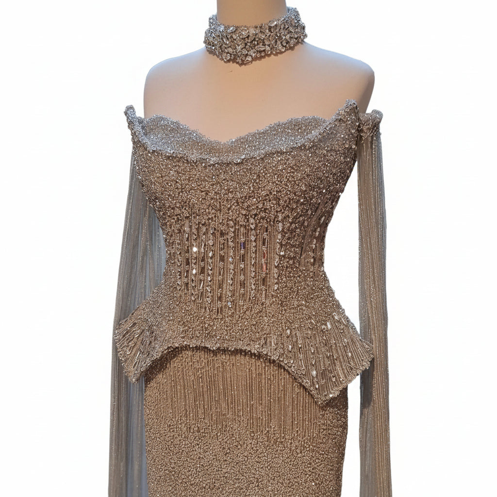 Crystal Beaded Long Sleeve Pageant Gown | Sweetheart | Silver, Gold & Lilac