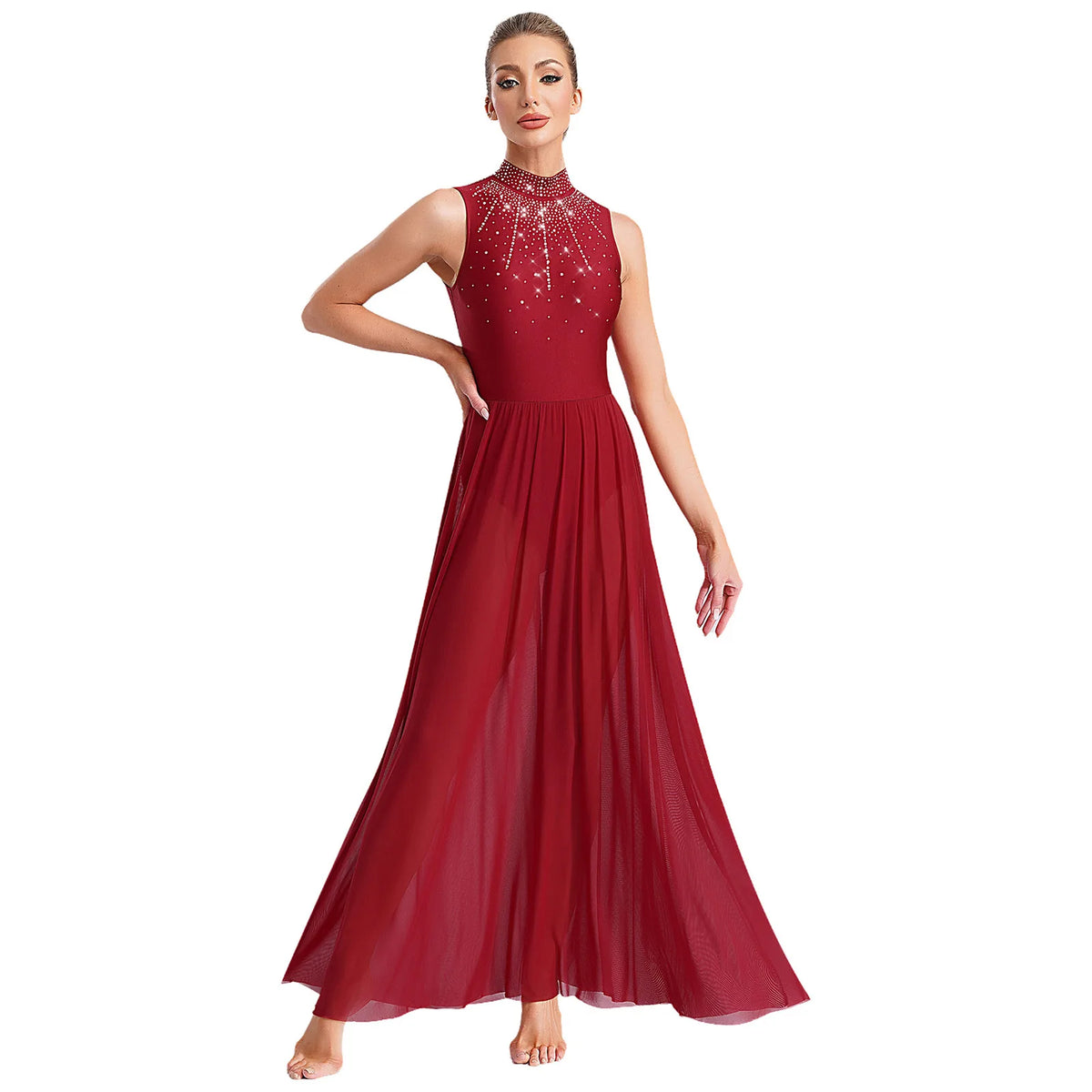 Women's Rhinestone Halter Lyrical Dance Dress | Irregular Mesh Ruffle Hem | Competition & Performance