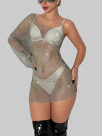 Rhinestone Fishnet Mini Dress - One Shoulder Mesh Cover Up