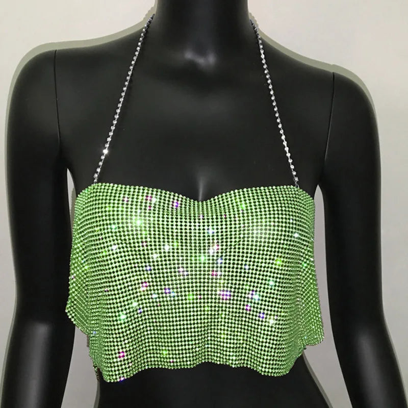 Bling Rhinestone Sequin Halter Crop Top - Backless Metal Tank