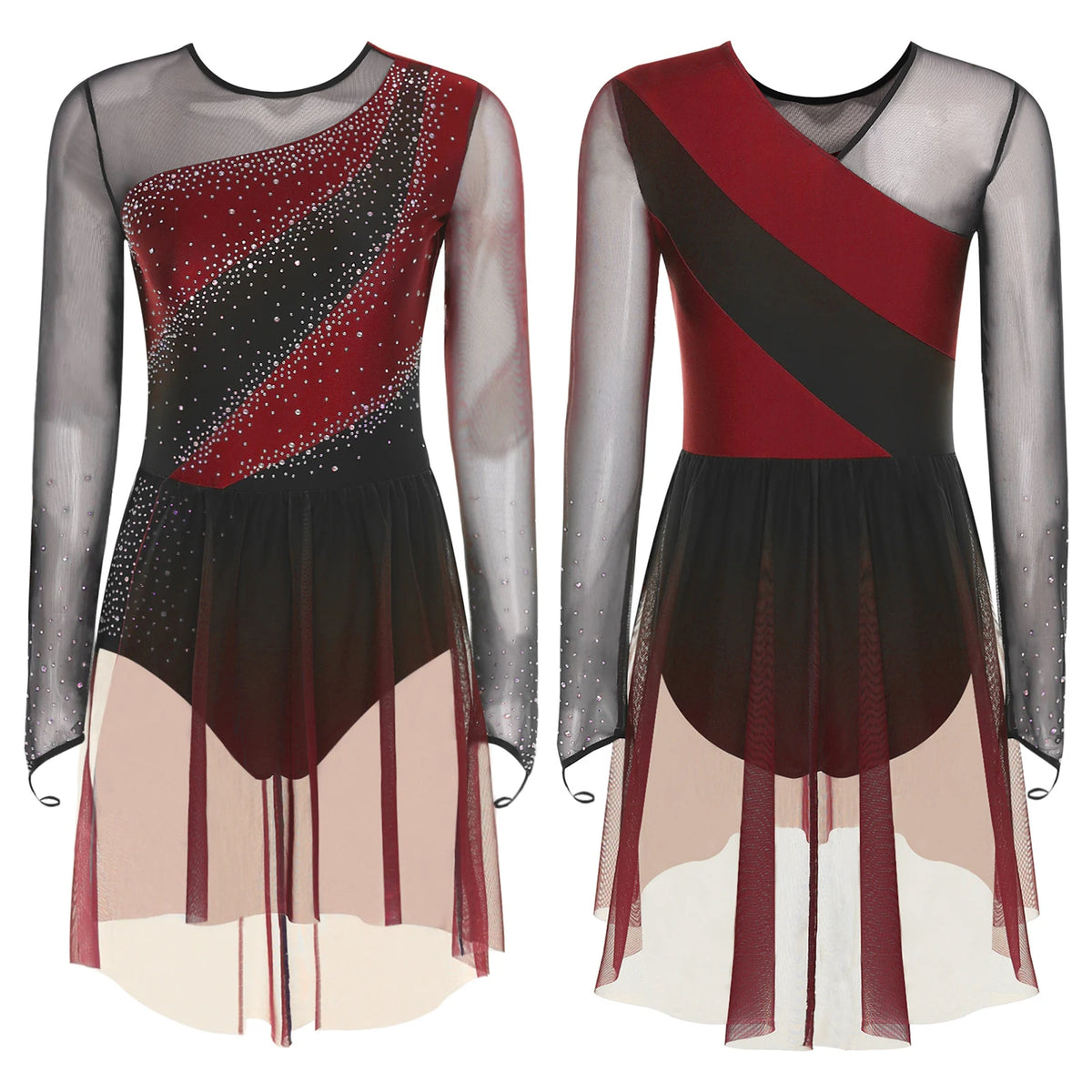 Rhinestone Sequin Leotard Dress | Mesh Long Sleeve | Gradient Skirt | Figure Skating