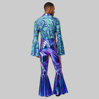 Men's Metallic Disco Jumpsuit - 70s Bell Bottom Performance Costume with Flared Sleeves