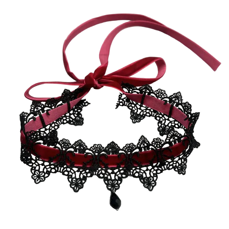 Lace Choker | Velvet Bow & Drop Pendant | Gothic