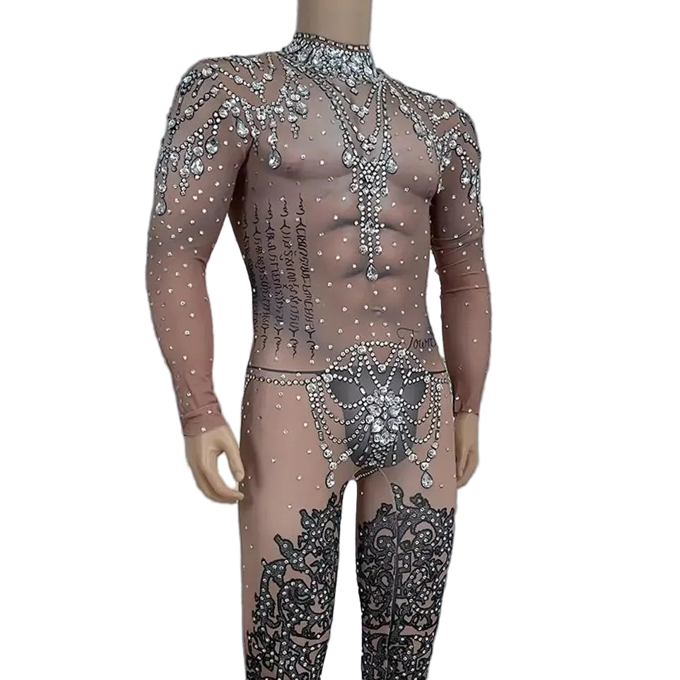 Men's Rhinestone Mesh Jumpsuit | Crystal Bodycon | Stage & Nightclub | One Size