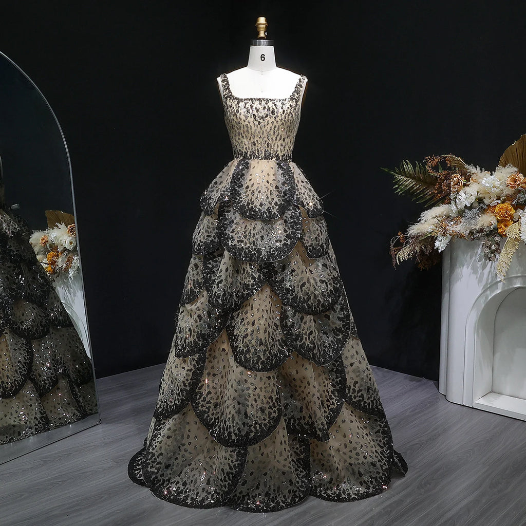 Tiered Ruffle Ball Gown | Sequin Lace Trim | Black Champagne