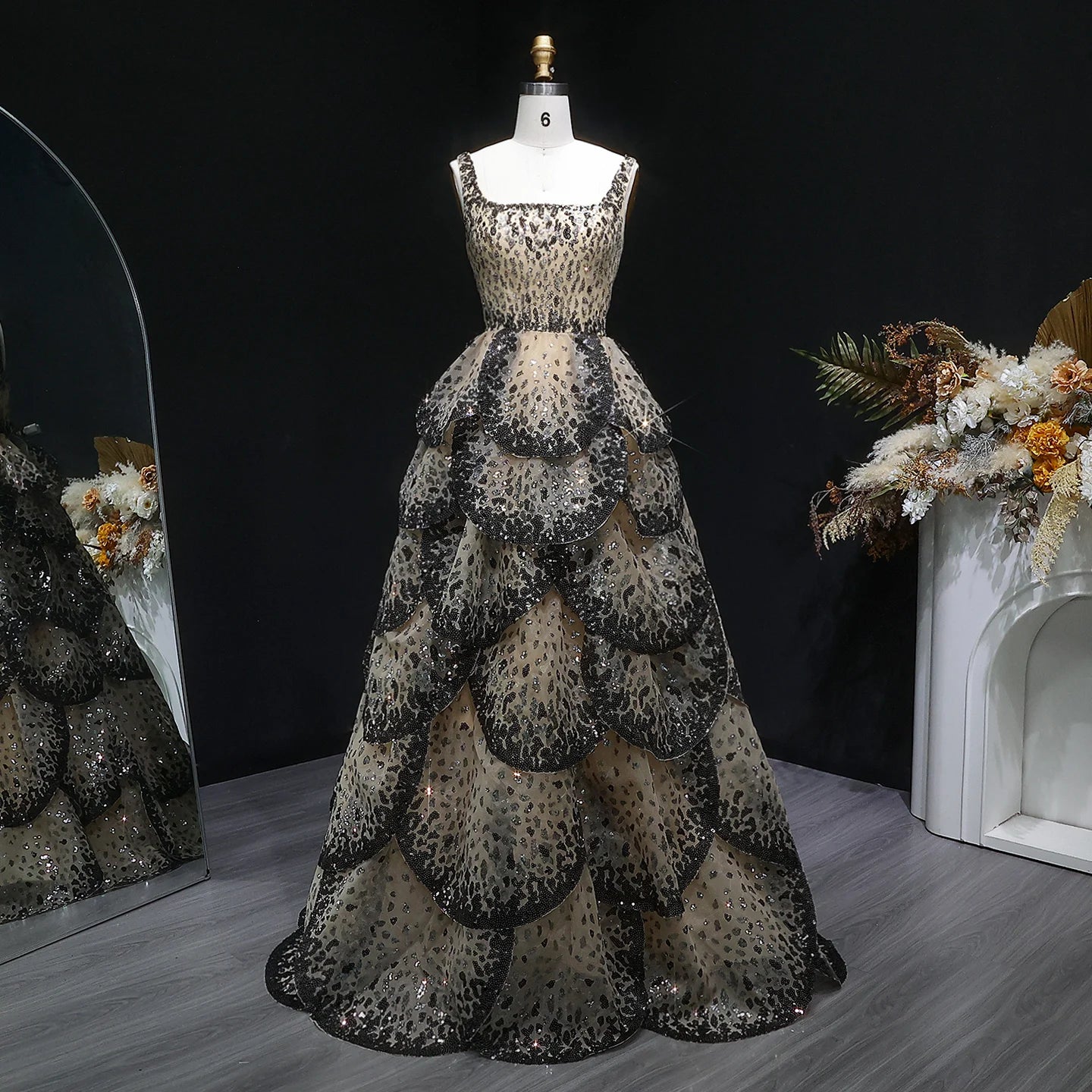 Tiered Ruffle Ball Gown | Sequin Lace Trim | Black Champagne