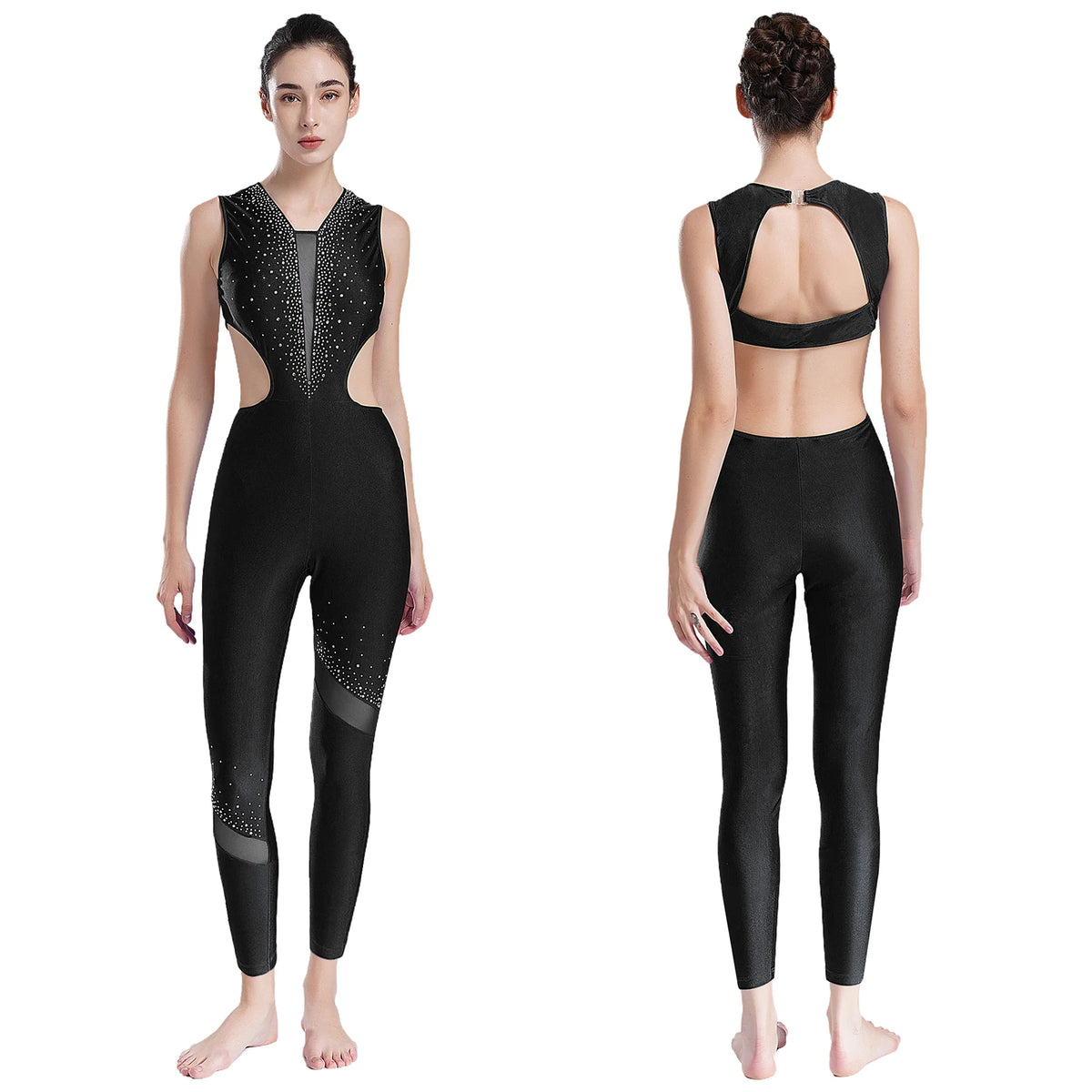 Rhinestone Full-Body Leotard | Sleeveless | Keyhole Back | Mesh