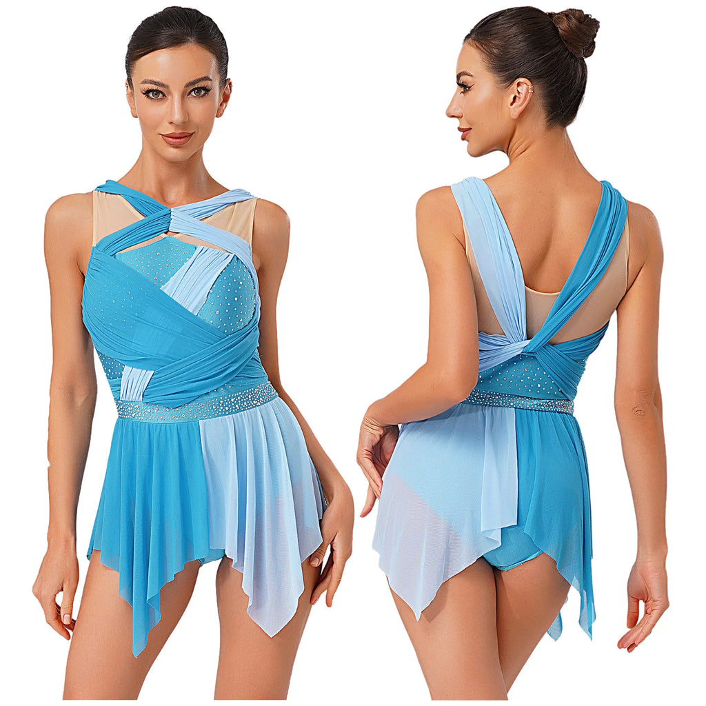 Color-Block Lyrical Dance Dress | Twisted Knot | Irregular Hem | Rhinestone