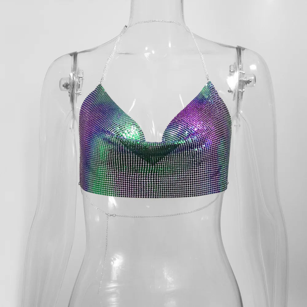 Metallic Glitter Halter Crop Top - Backless Corset Tank