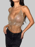Dazzling Rhinestone Fishing Net Crop Top - Sparkly Chainmail Halter Top
