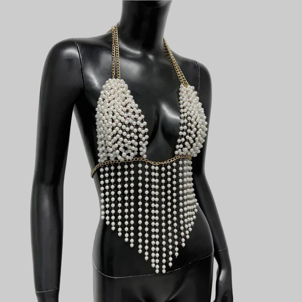 Pearl Chain V-Neck Halter Crop Top