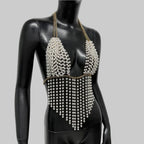 Pearl Chain V-Neck Halter Crop Top