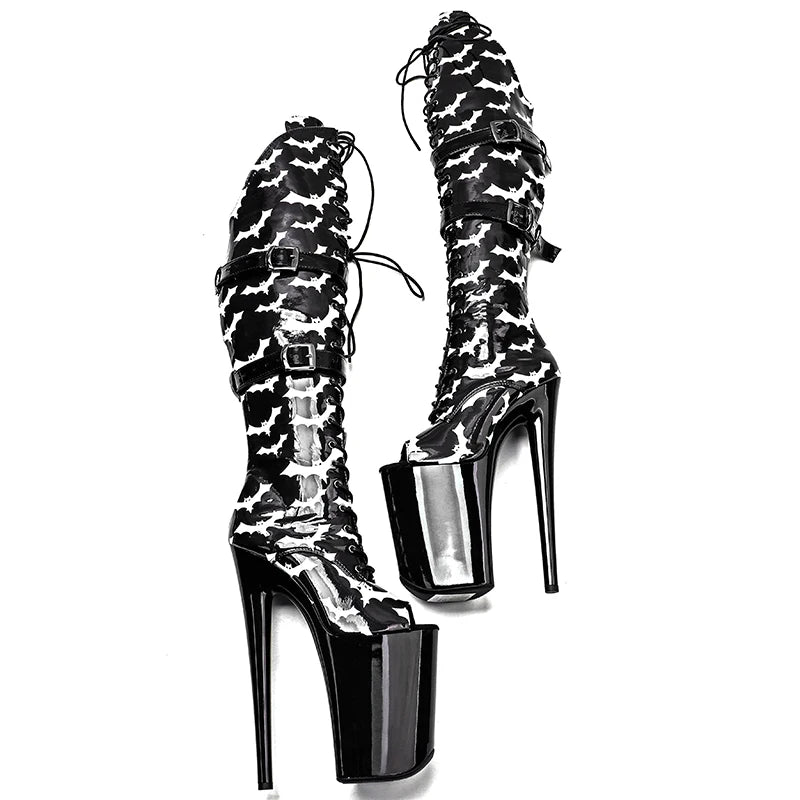 Bat Pattern Thigh-High Platform Boots - 9 Inch Gothic Pole Dance Boots