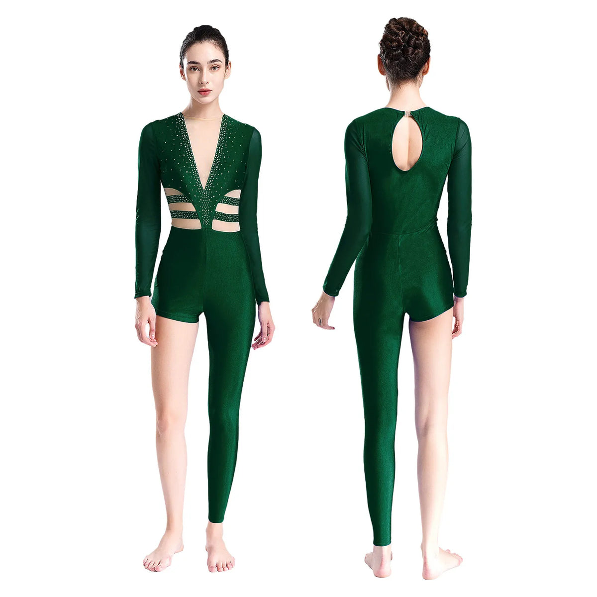 Women's Rhinestone Asymmetric Jumpsuit | One Long Leg & Sheer Mesh Illusion | Performance Bodysuit