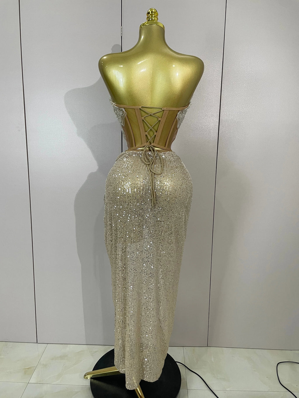 Sequin Beaded Corset & High-Slit Skirt Set | Strapless | Champagne
