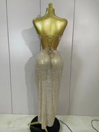 Sequin Beaded Corset & High-Slit Skirt Set | Strapless | Champagne