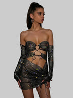Rhinestone Diamond Two-Piece Set - Strapless Crop Top & Split Mini Skirt