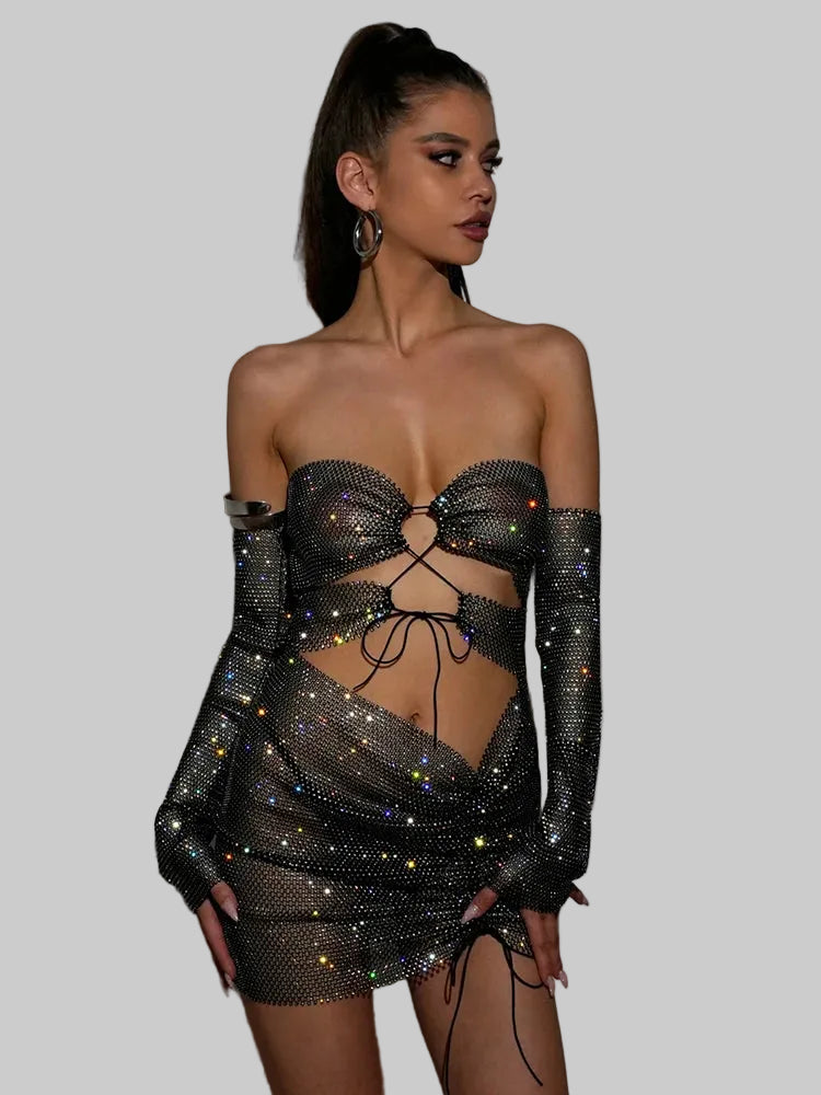 Rhinestone Diamond Two-Piece Set - Strapless Crop Top & Split Mini Skirt