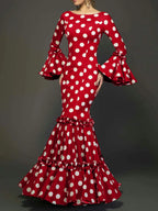 Elegant Party Long Dress Women Polka Dot Printed Ruffle Hem Sundress 2025 Bohemian Casual O-neck Flare Sleeve Slim Maxi Robe