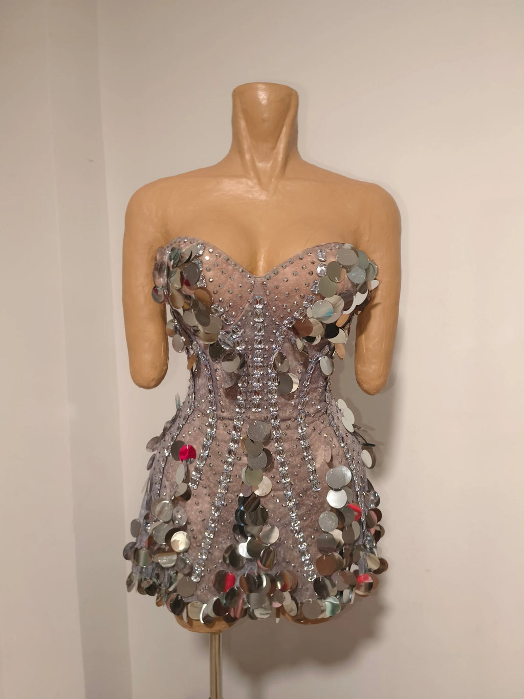 Coin Sequin & Rhinestone Mini Dress | Strapless | Gold & Silver