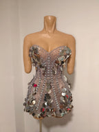 Coin Sequin & Rhinestone Mini Dress | Strapless | Gold & Silver