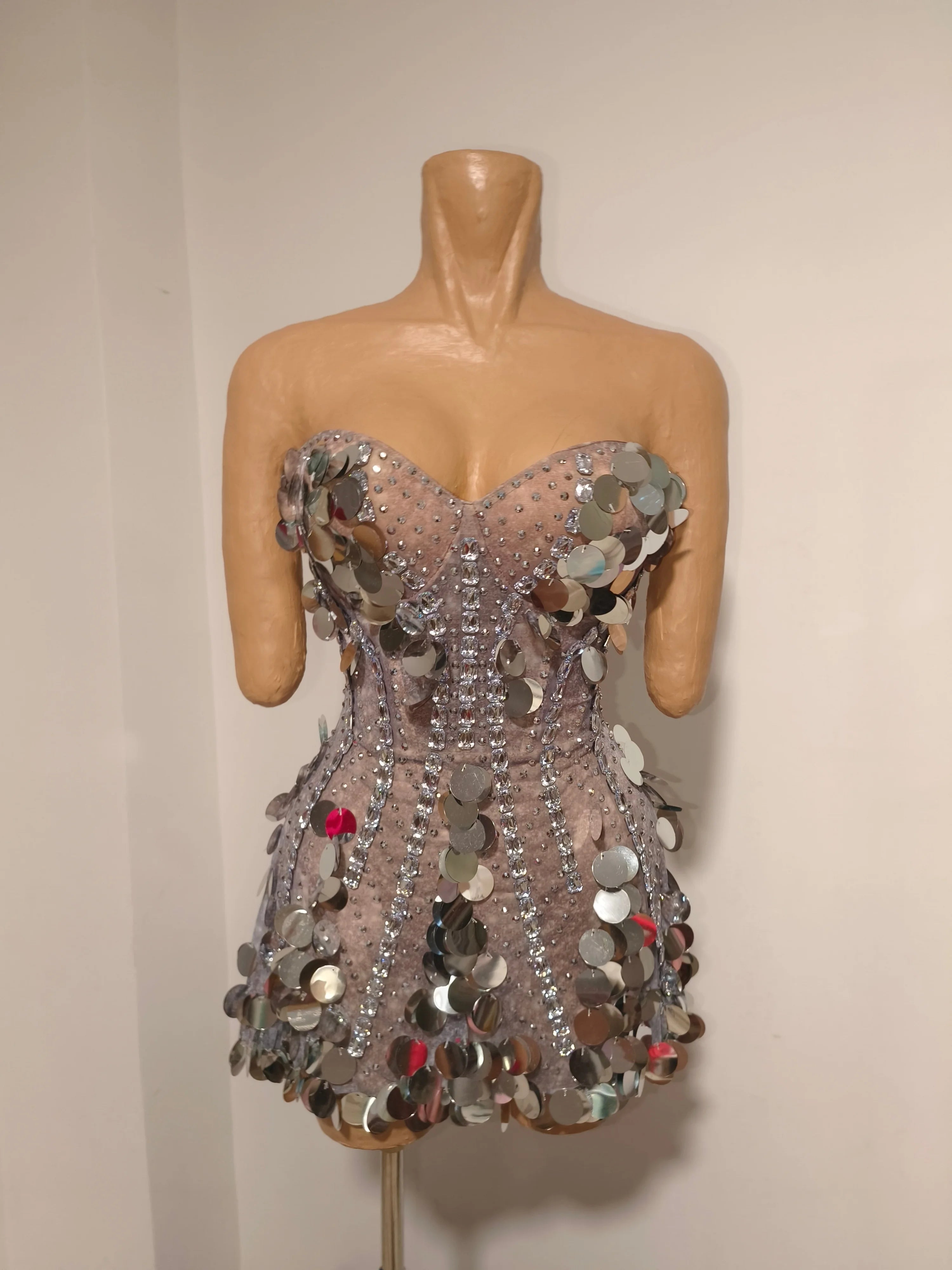 Coin Sequin & Rhinestone Mini Dress | Strapless | Gold & Silver
