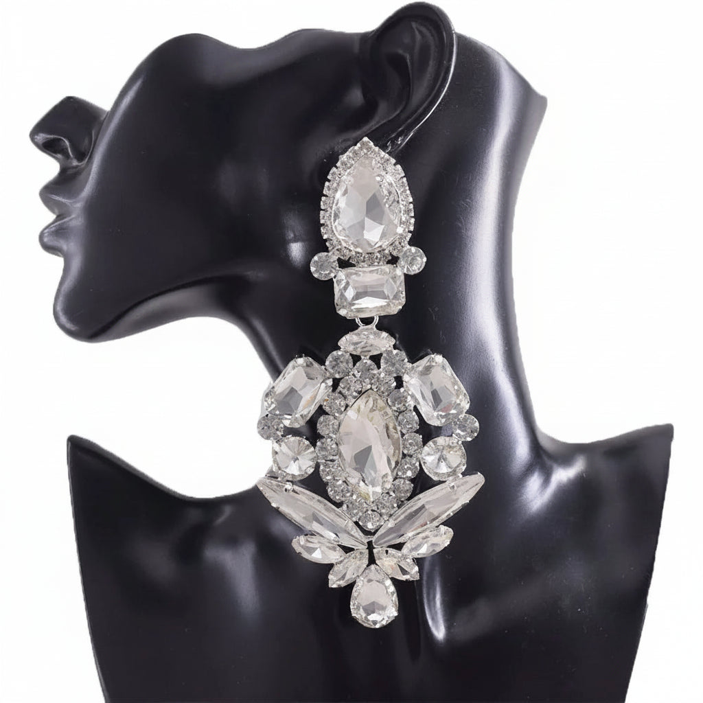 Crystal Dangle Drop Earrings | Clip-On | Oversized