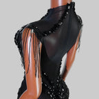 Sexy Mesh Sheer Black Rhinestone Bodysuit