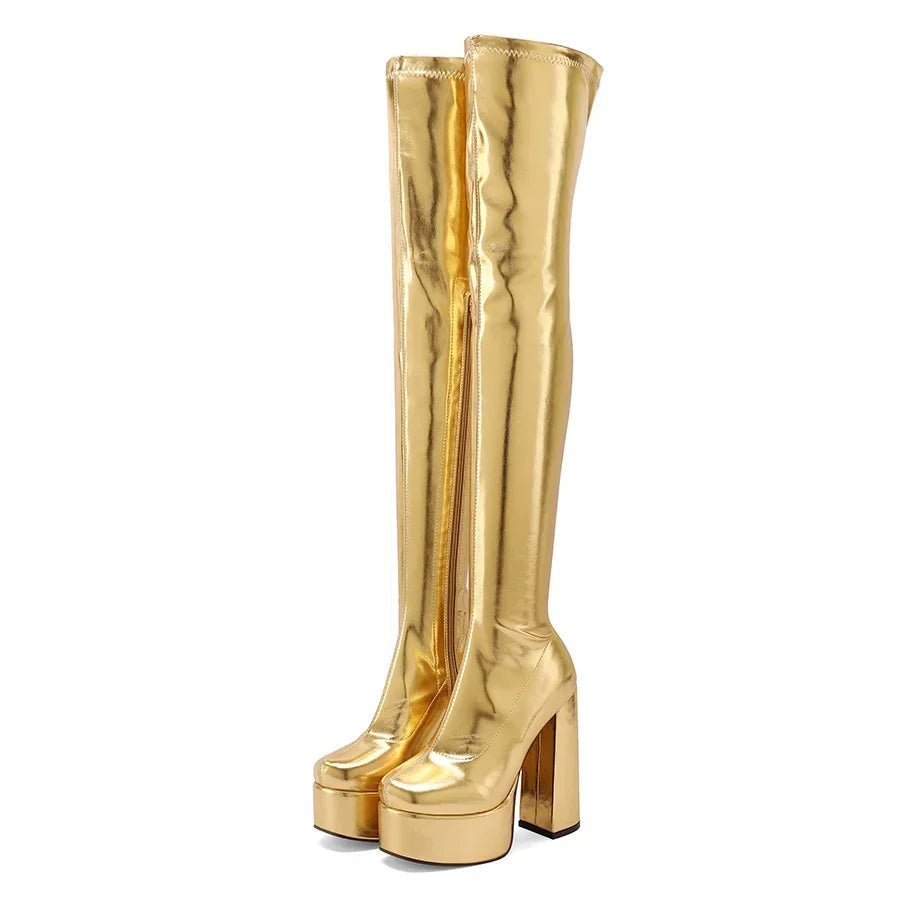 Thigh-High Platform Boots | Metallic Stretch