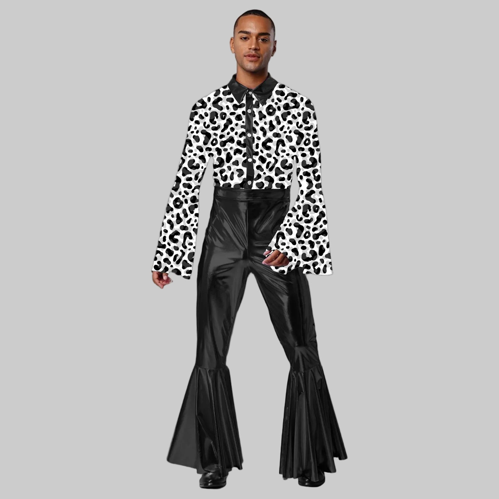 Men's Metallic Disco Jumpsuit - 70s Bell Bottom Performance Costume with Flared Sleeves