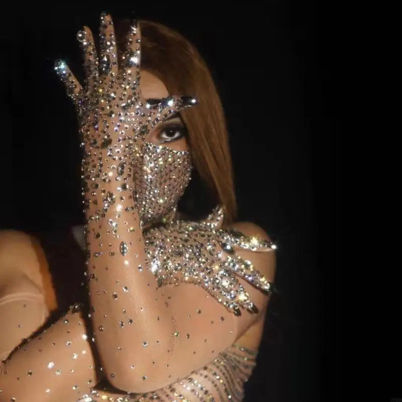 Rhinestone Opera Gloves | Sheer Mesh