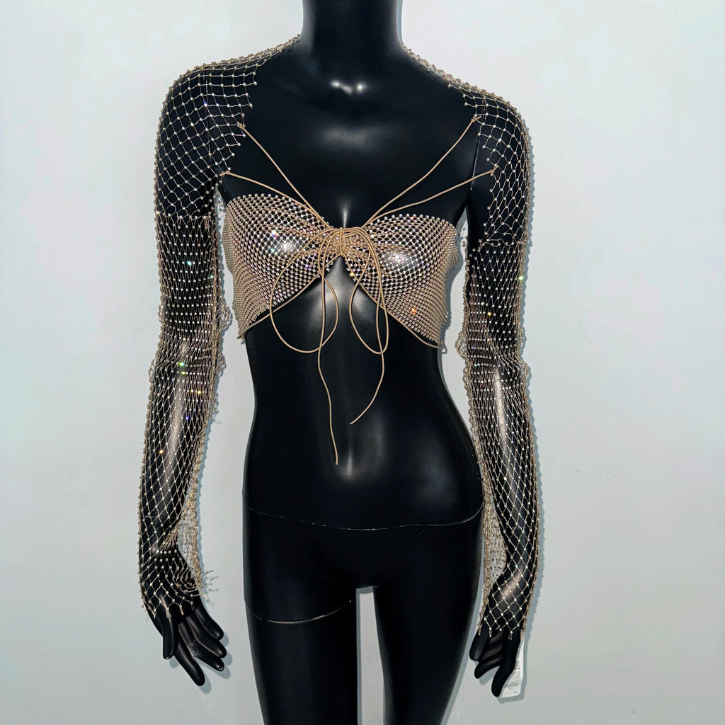 Rhinestone Mesh Long Sleeve Crop Top - Sheer Backless V-Neck Tee