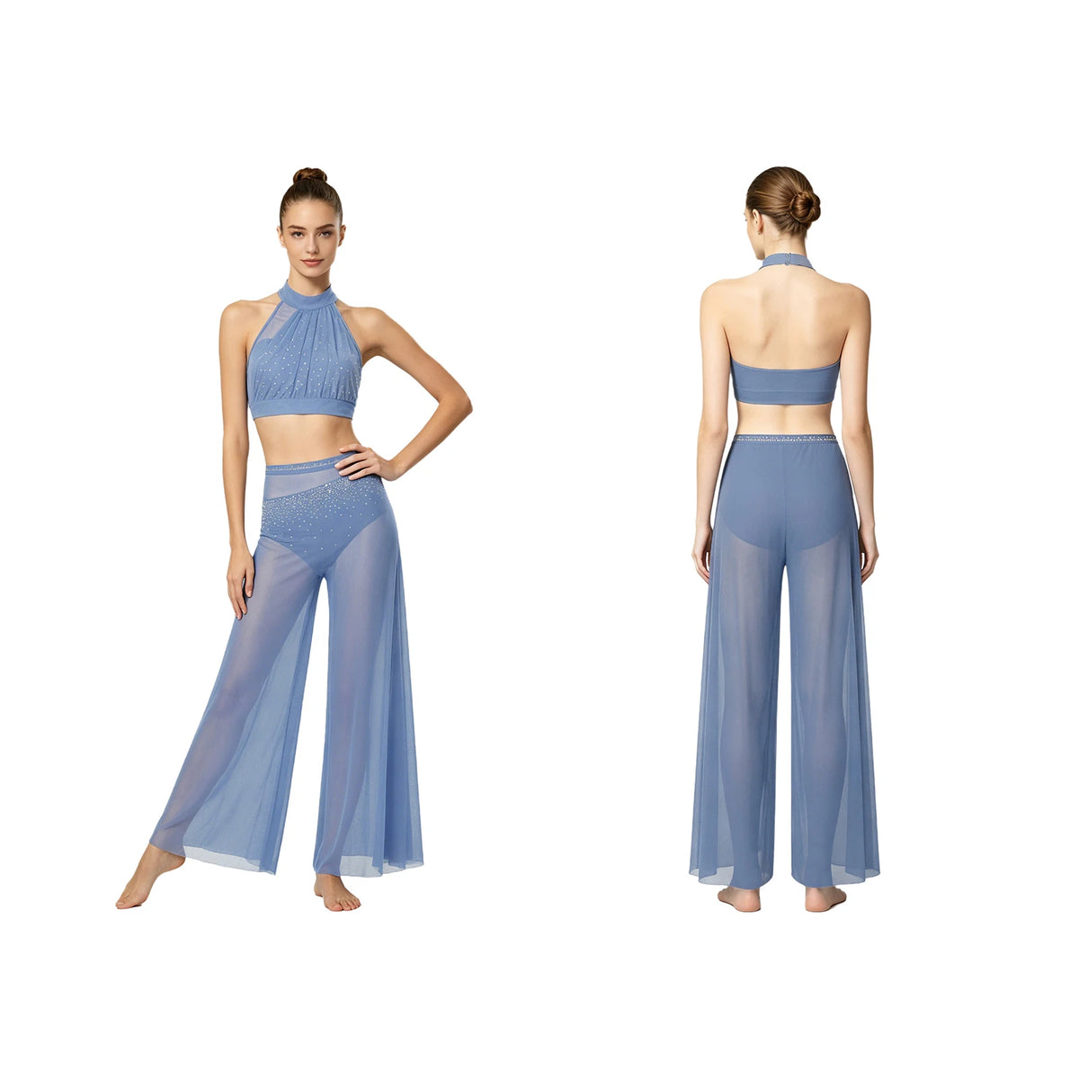 Rhinestone Crop Top & Sheer Pants Set | Lyrical Dance | Built-In Brief