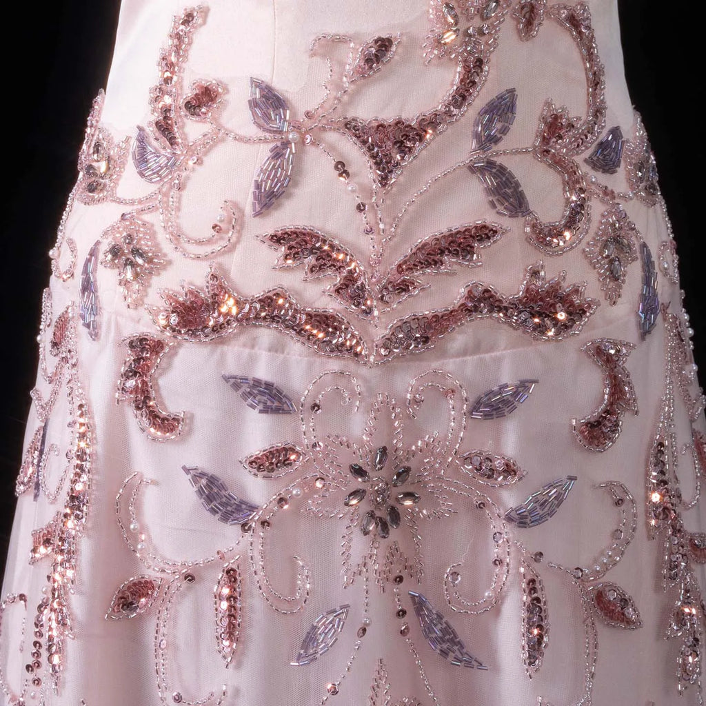 Beaded Sequin A-Line Gown | V-Neck Pleated Tulle | Blush Pink